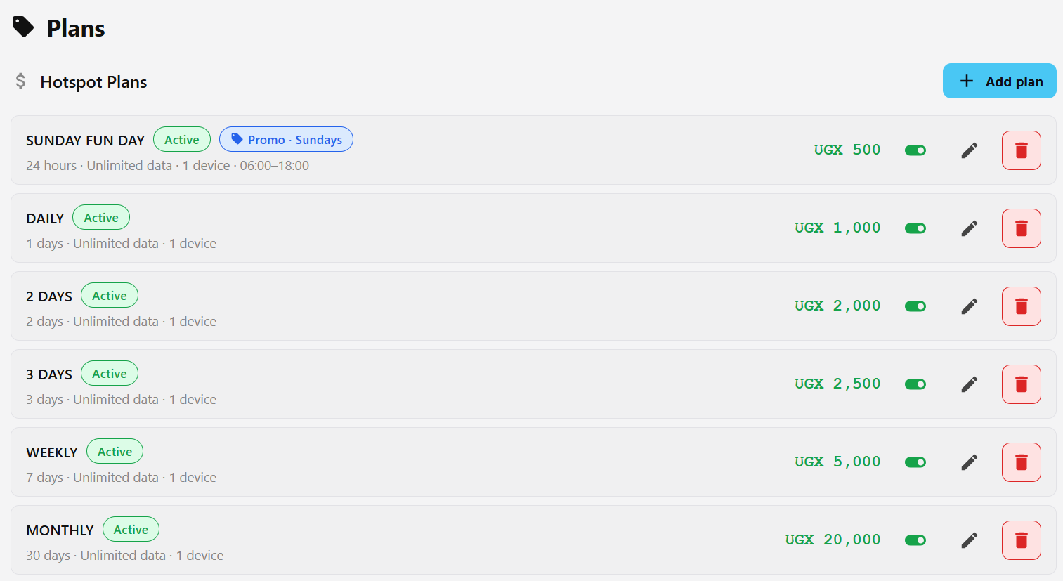 Plans screen listing hotspot packages with prices and a scheduled Sunday promotion