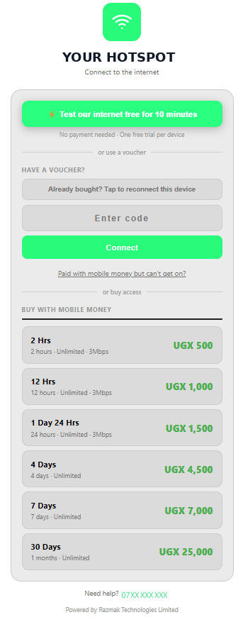 Captive portal page with free trial, voucher entry and mobile money packages